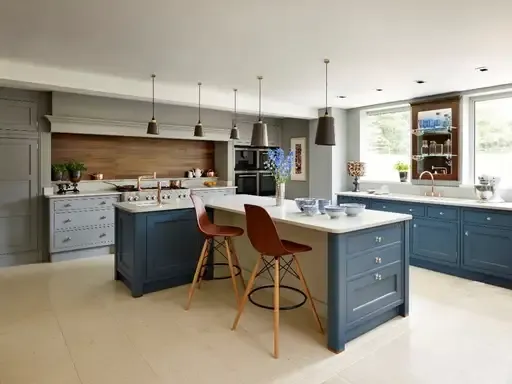 kitchen with blue cabinets and island seating kitchen with blue cabinets and island seating