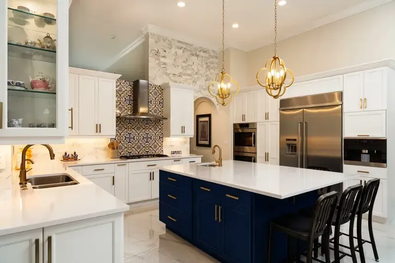 kitchen with white and navy cabinets pendant lights kitchen with white and navy cabinets, pendant lights
